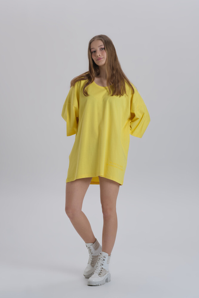 Sarı Kadın Sırt Baskı Detay Oversize T-shirt Elbise - 5
