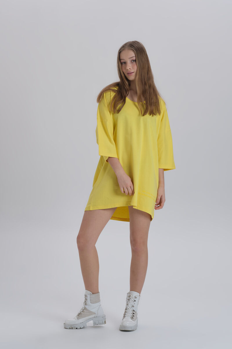 Sarı Kadın Sırt Baskı Detay Oversize T-shirt Elbise - 6