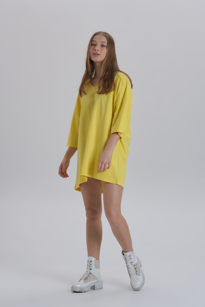 Sarı Kadın Sırt Baskı Detay Oversize T-shirt Elbise - 1