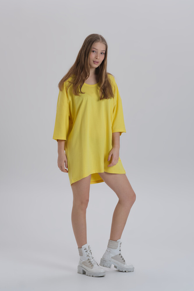 Sarı Kadın Sırt Baskı Detay Oversize T-shirt Elbise - 2