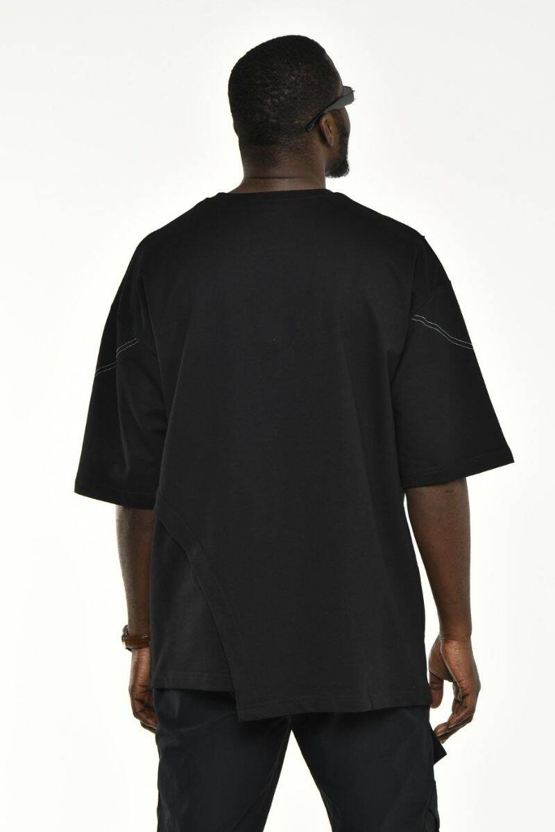 Siyah Asimetrik Kesim Oversize Kalıp T-shirt - Thumbnail