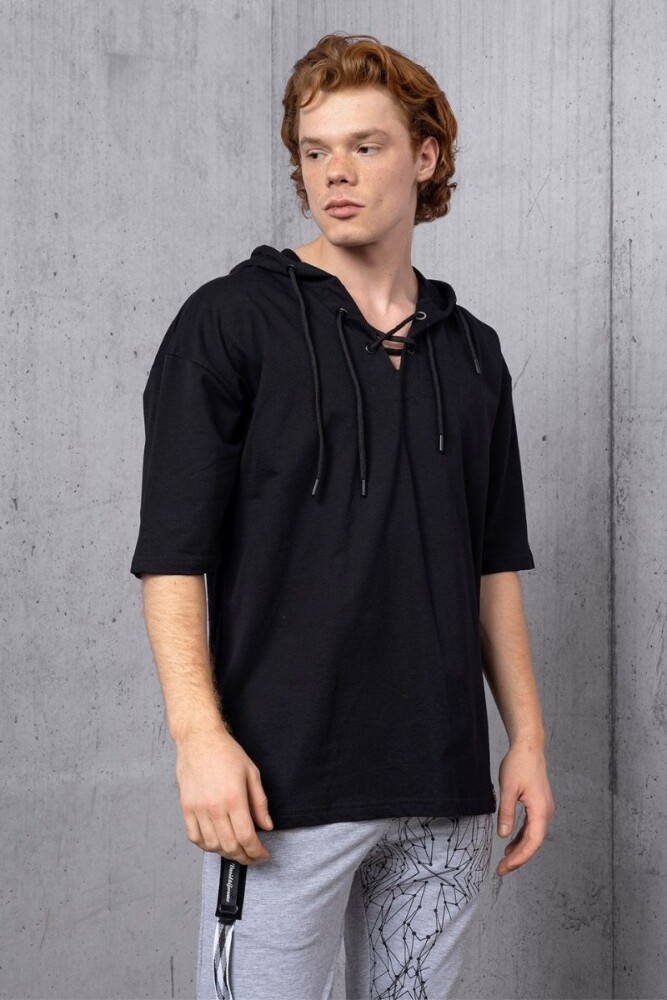 Siyah Çapraz Bağcık Yaka Detay Kapüşonlu T-shirt - DAVID&GERENZO