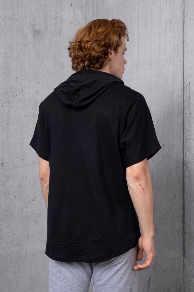 Siyah Cep Detay Düğmeli Kapüşonlu T-shirt - 5