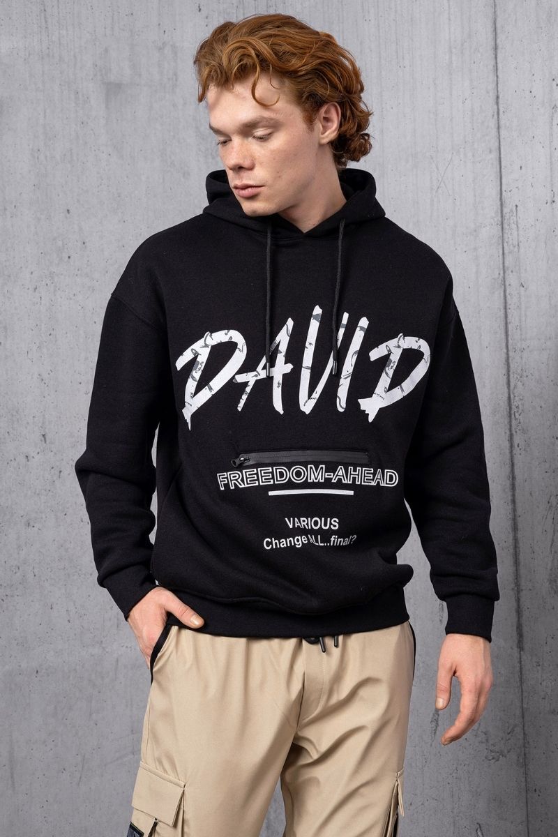 Siyah David Baskı Cepli Üç İplik Oversize Kapüşonlu Sweatshirt - 1