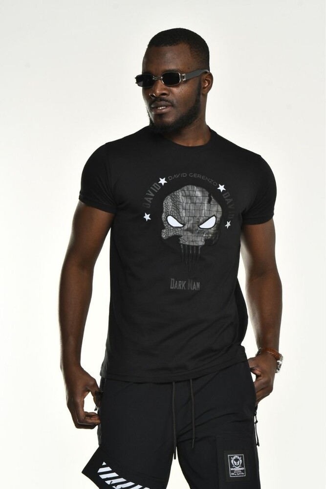 Siyah Deri Baskı Detay Fit T-shirt - 1