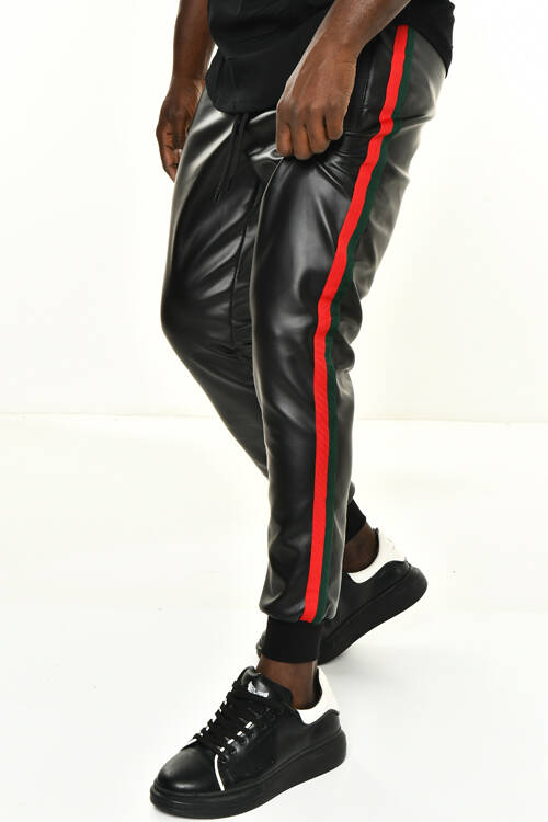 DAVID&GERENZO - Siyah Deri Görünümlü Şerit Aksesuarlı Ribana Paça Pantolon