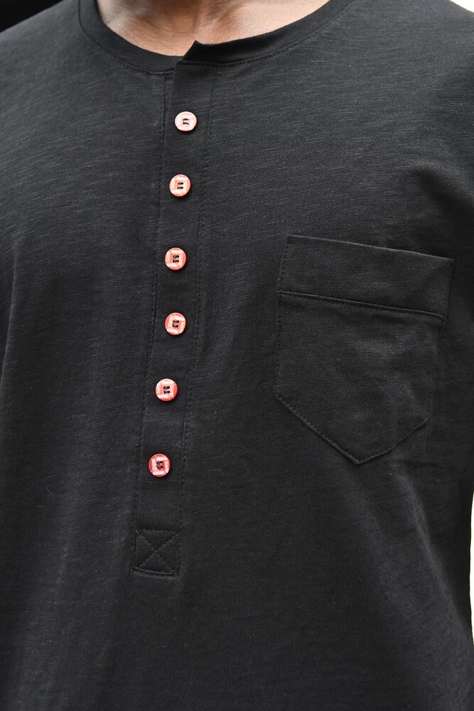 Siyah Düğme Yaka Detay T-shirt - 5
