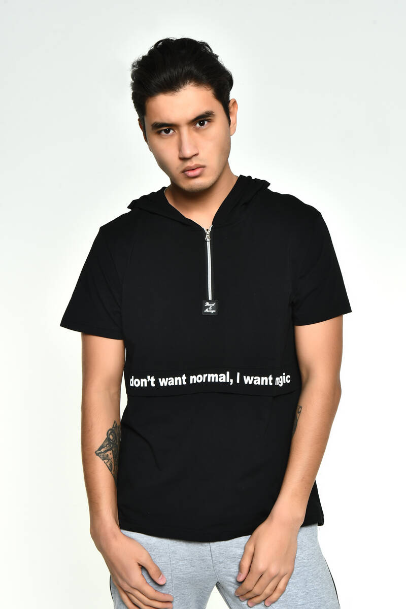 DAVID&GERENZO - Siyah Erkek Fermuar Yaka Detay Kapüşonlu T-shirt