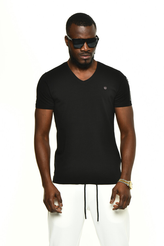 Siyah Erkek Kol Detay Bisiklet Yaka T-shirt - DAVID&GERENZO