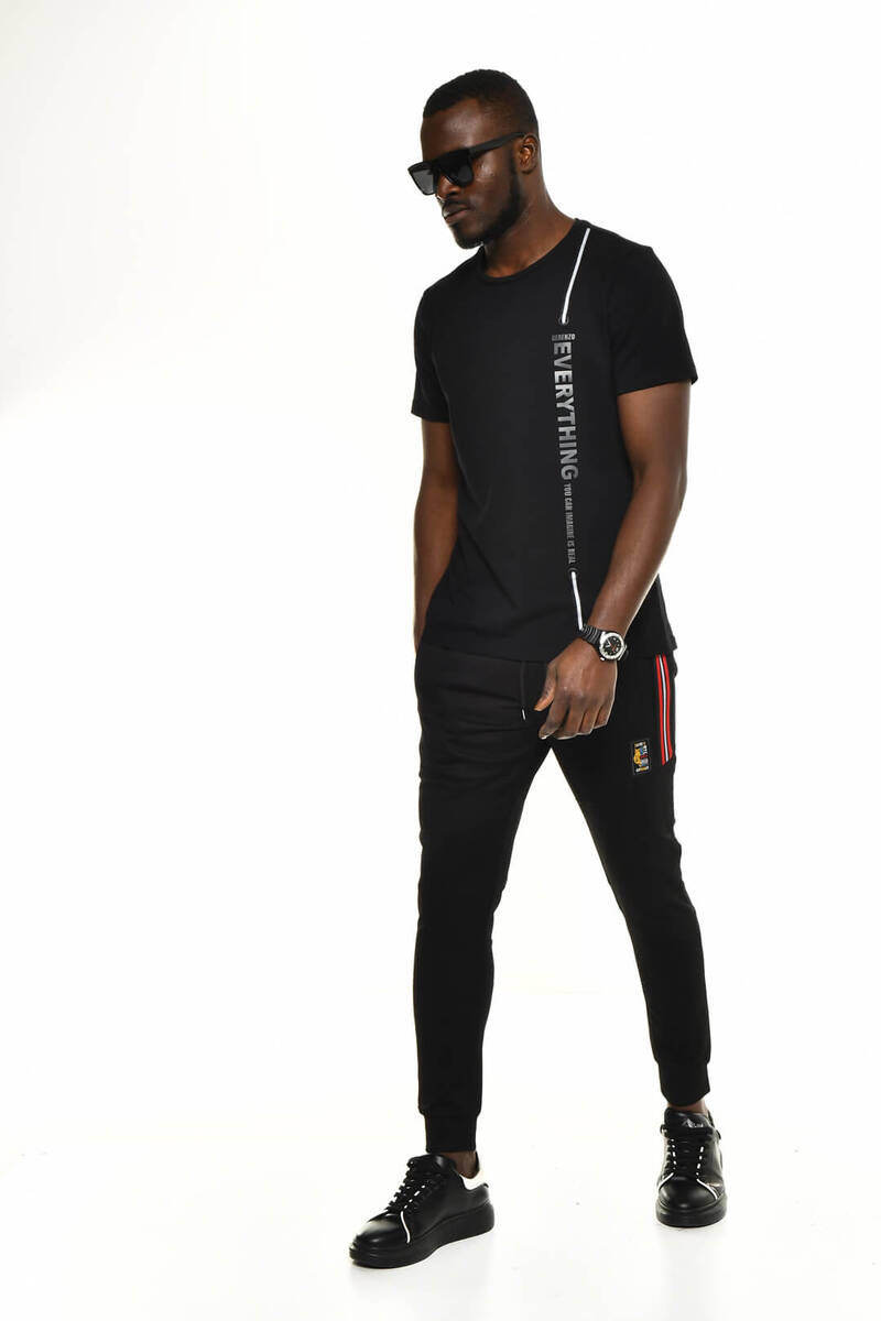 Siyah Erkek Renkli Şerit Detaylı Spor Ribana Paça Eşofman Altı