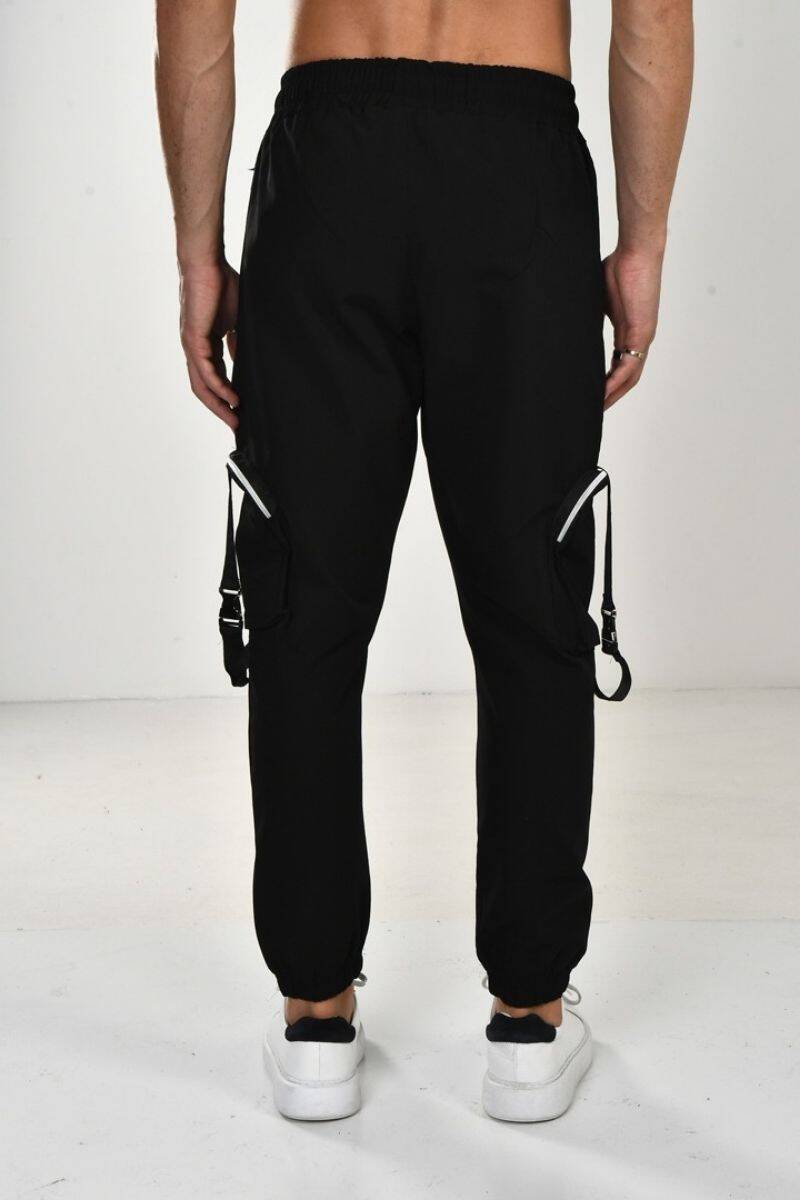 Siyah Fermuarlı Kargo Cep Detaylı Paraşüt Kumaş Jogger Pantolon