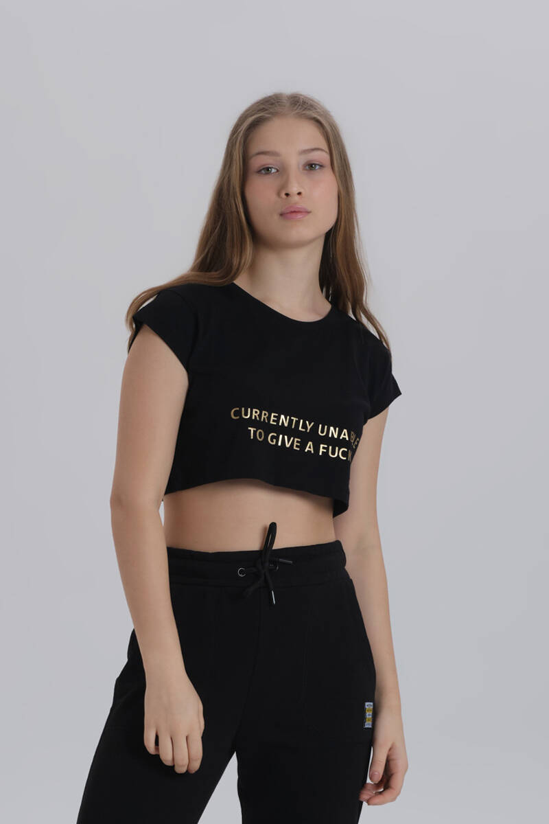 DAVID&GERENZO - Siyah Kadın Parlak Baskı Detay Crop T-shirt