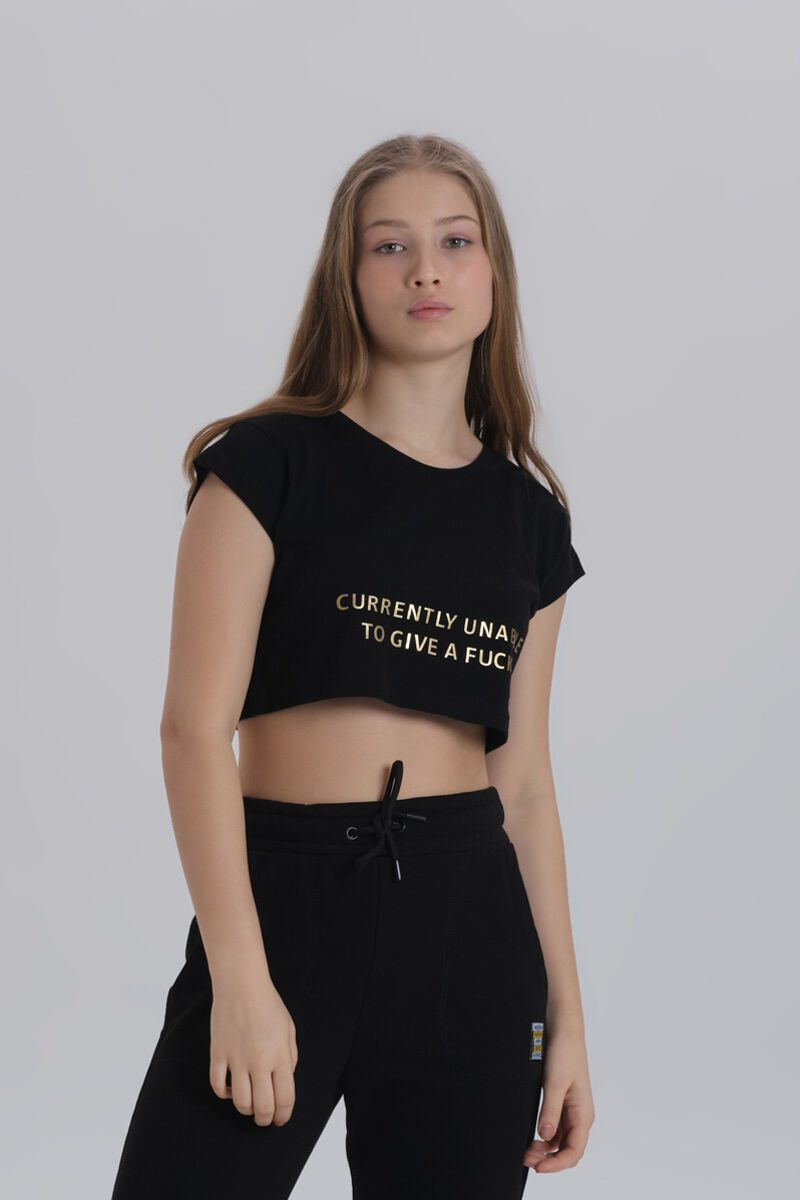 Siyah Kadın Parlak Baskı Detay Crop T-shirt - 1