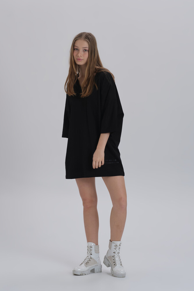 Siyah Kadın Sırt Baskı Detay Oversize T-shirt Elbise - 1