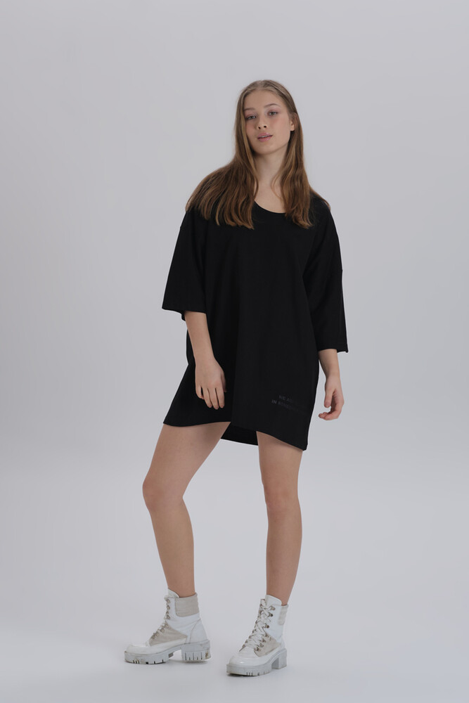 Siyah Kadın Sırt Baskı Detay Oversize T-shirt Elbise - 4
