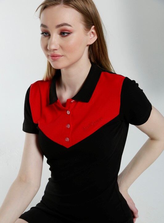 Siyah Kırmızı Renk Geçişli Polo Yaka Elbise - 8