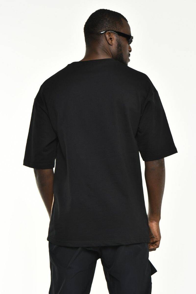 Siyah Kumaş Mixli Oversize Kalıp T-shirt - Thumbnail