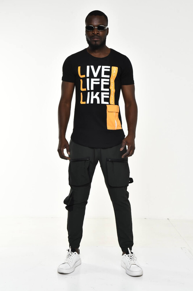 Siyah Live Like Life Baskı Bisiklet Yaka Slim Fit T-shirt - 3
