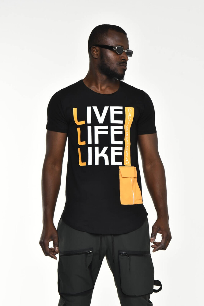 Siyah Live Like Life Baskı Bisiklet Yaka Slim Fit T-shirt 