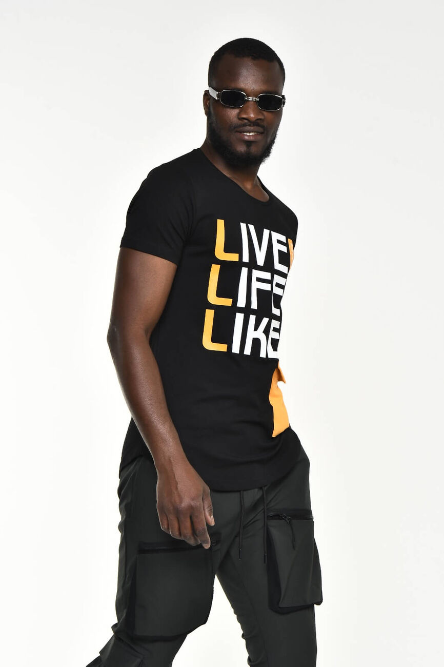 Siyah Live Like Life Baskı Bisiklet Yaka Slim Fit T-shirt - 2