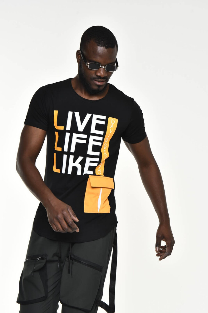 Siyah Live Like Life Baskı Bisiklet Yaka Slim Fit T-shirt - 5