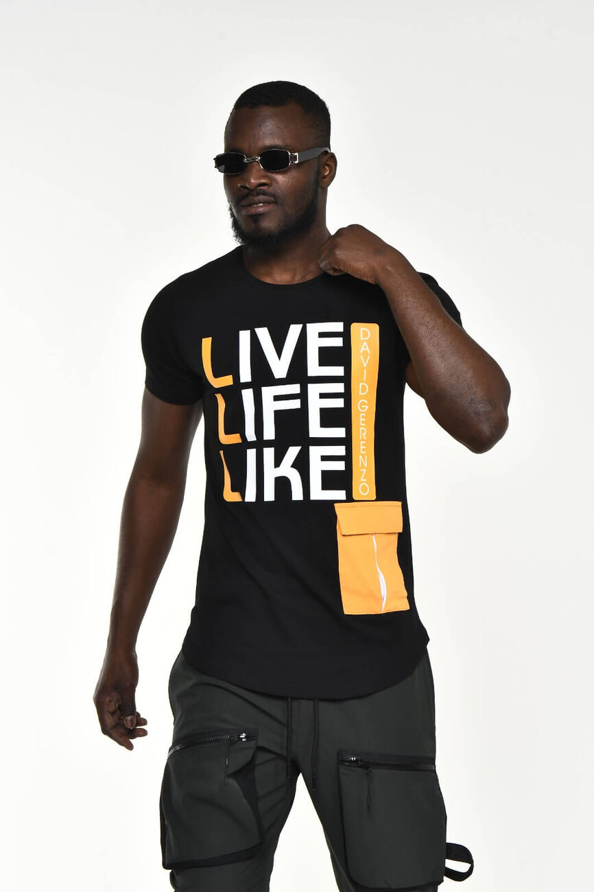 Siyah Live Like Life Baskı Bisiklet Yaka Slim Fit T-shirt - 4