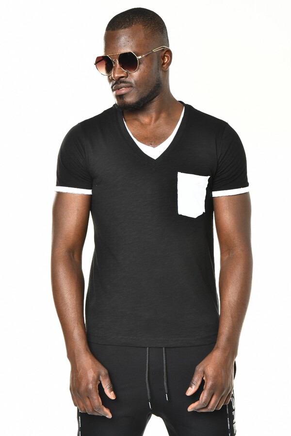 Siyah Mini Cep Detaylı V Yaka Basic T-shirt - 1