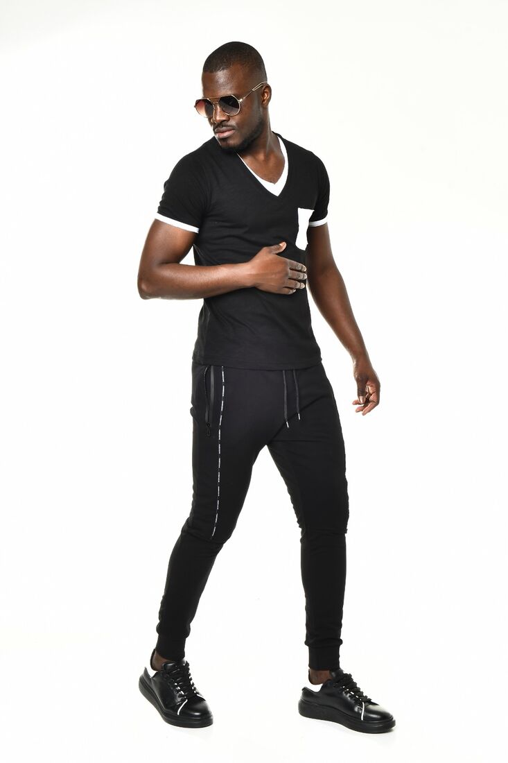 Siyah Mini Cep Detaylı V Yaka Basic T-shirt - 4