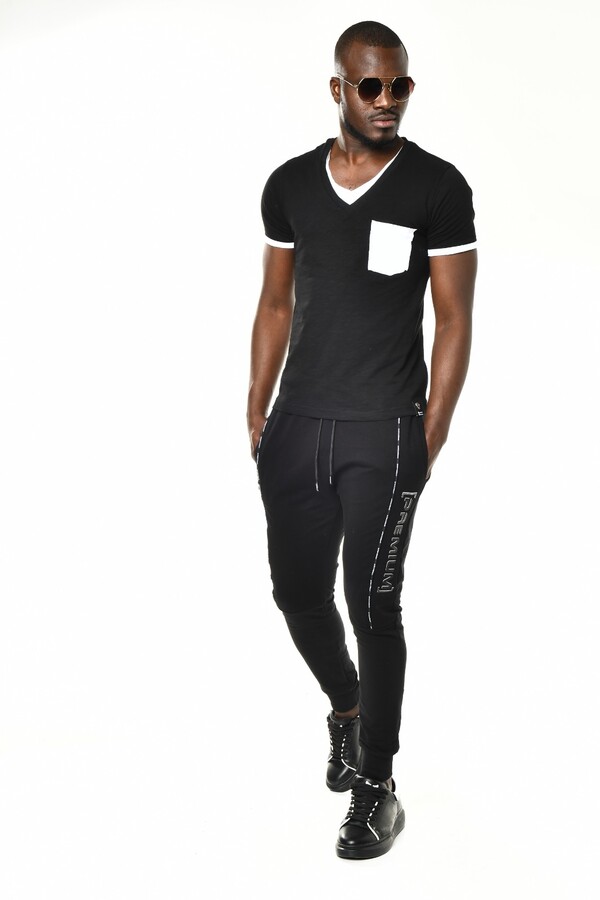 Siyah Mini Cep Detaylı V Yaka Basic T-shirt - 5