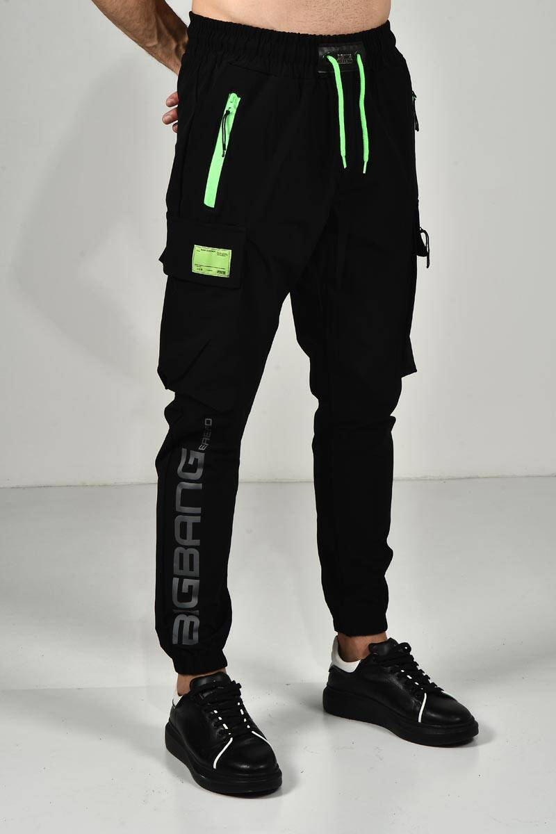 DAVID&GERENZO - Siyah Neon Fermuar Detaylı Paraşüt Kumaş Jogger Pantolon