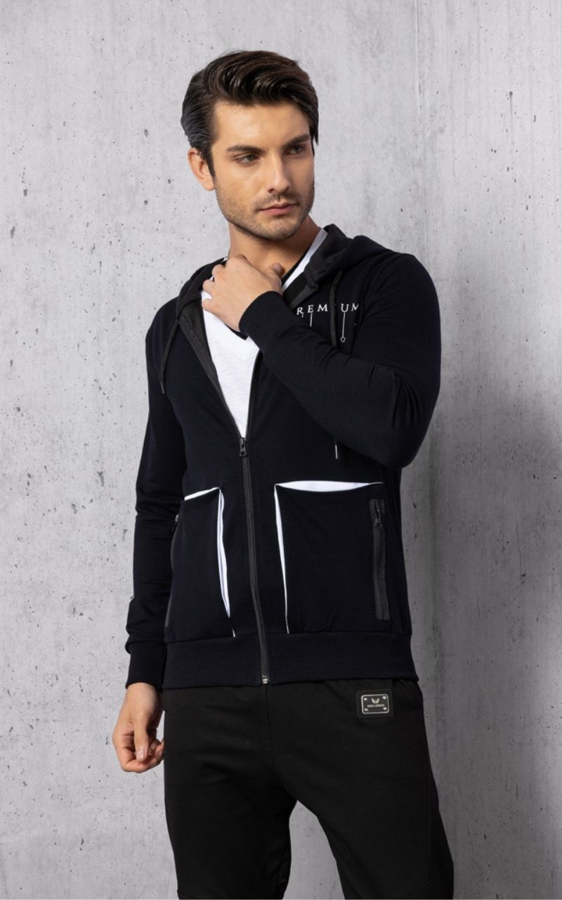 Siyah Premium Cep Detay Fermuarlı İki İplik Kapüşonlu Sweatshirt - 3