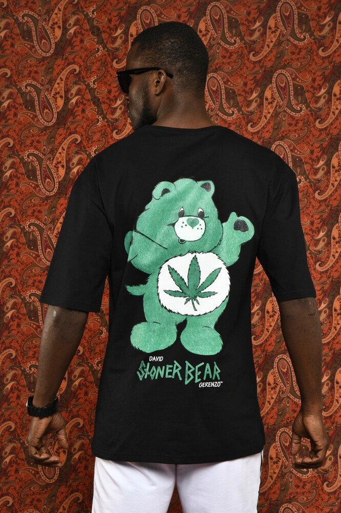 Siyah Stoner Bear Baskılı Oversize T-shirt 