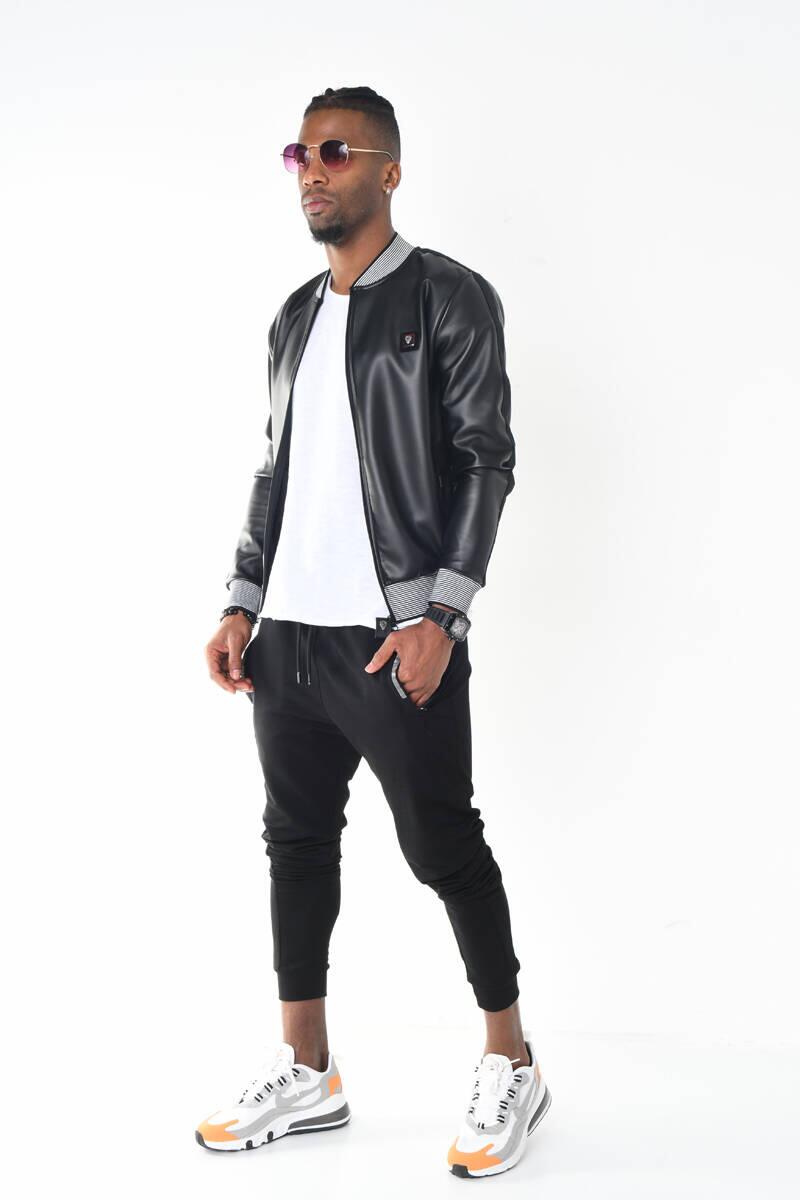 Siyah Triko Yaka Deri Görünümlü Fermuarlı Ceket