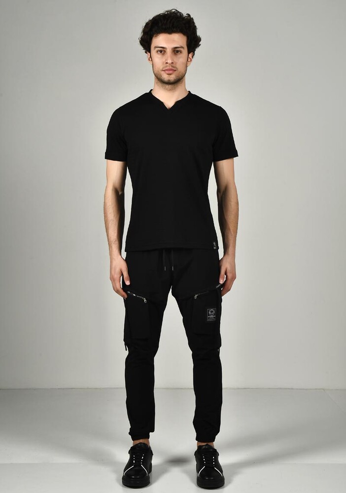 Siyah V Yaka Basic Slim Fit T-shirt - 2
