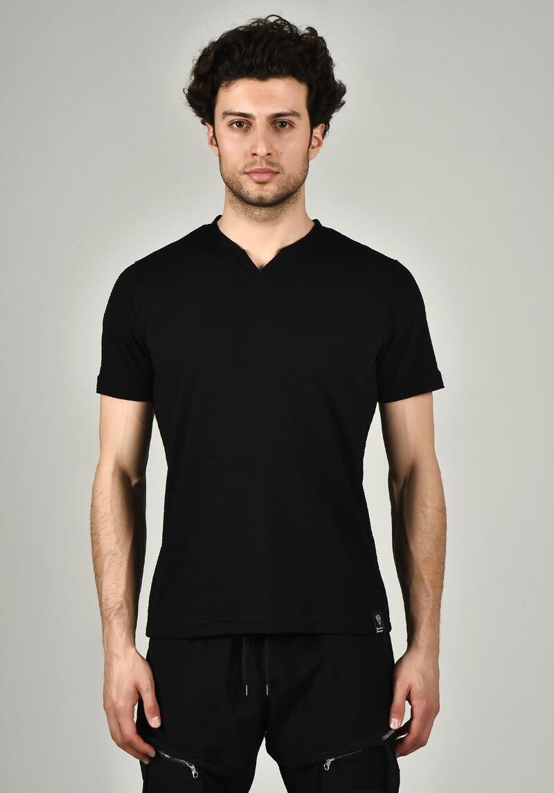 Siyah V Yaka Basic Slim Fit T-shirt - 3