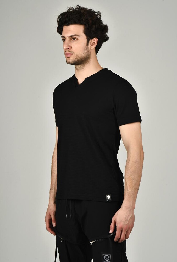 Siyah V Yaka Basic Slim Fit T-shirt - 4