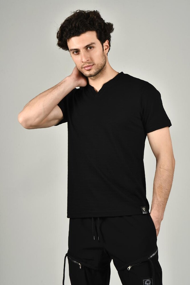 Siyah V Yaka Basic Slim Fit T-shirt - 1