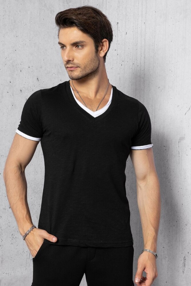 Siyah V Yaka Basic T-shirt - DAVID&GERENZO