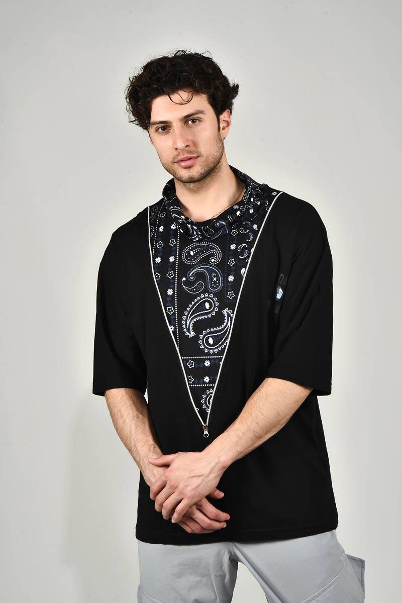 DAVID&GERENZO - Siyah V Yaka Etnik Desen Detaylı Oversize T-shirt