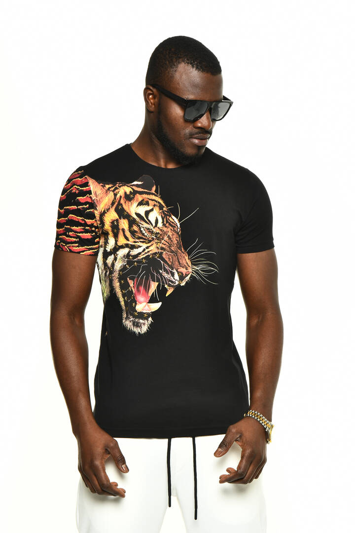 DAVID&GERENZO - Siyah Yıldız Aksesuarlı Kaplan Baskı Detay T-shirt