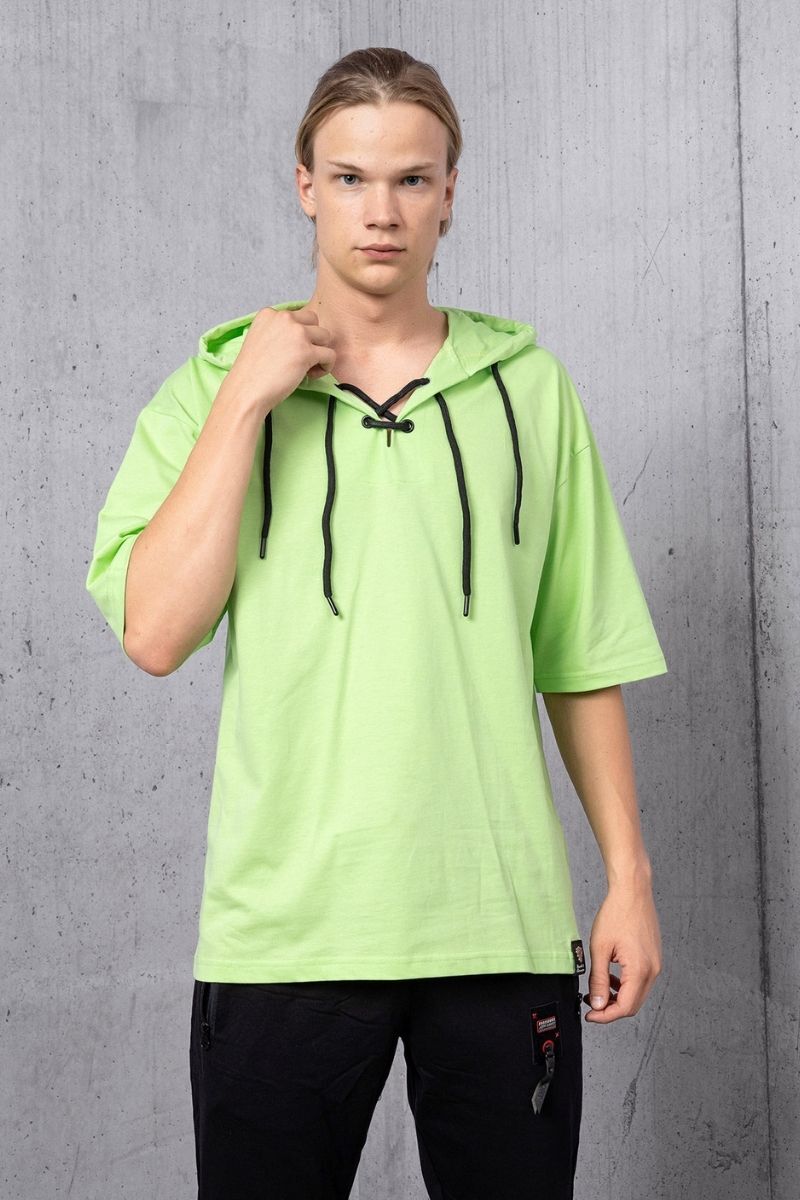 Yeşil Çapraz Bağcık Yaka Detay Kapüşonlu T-shirt - 2