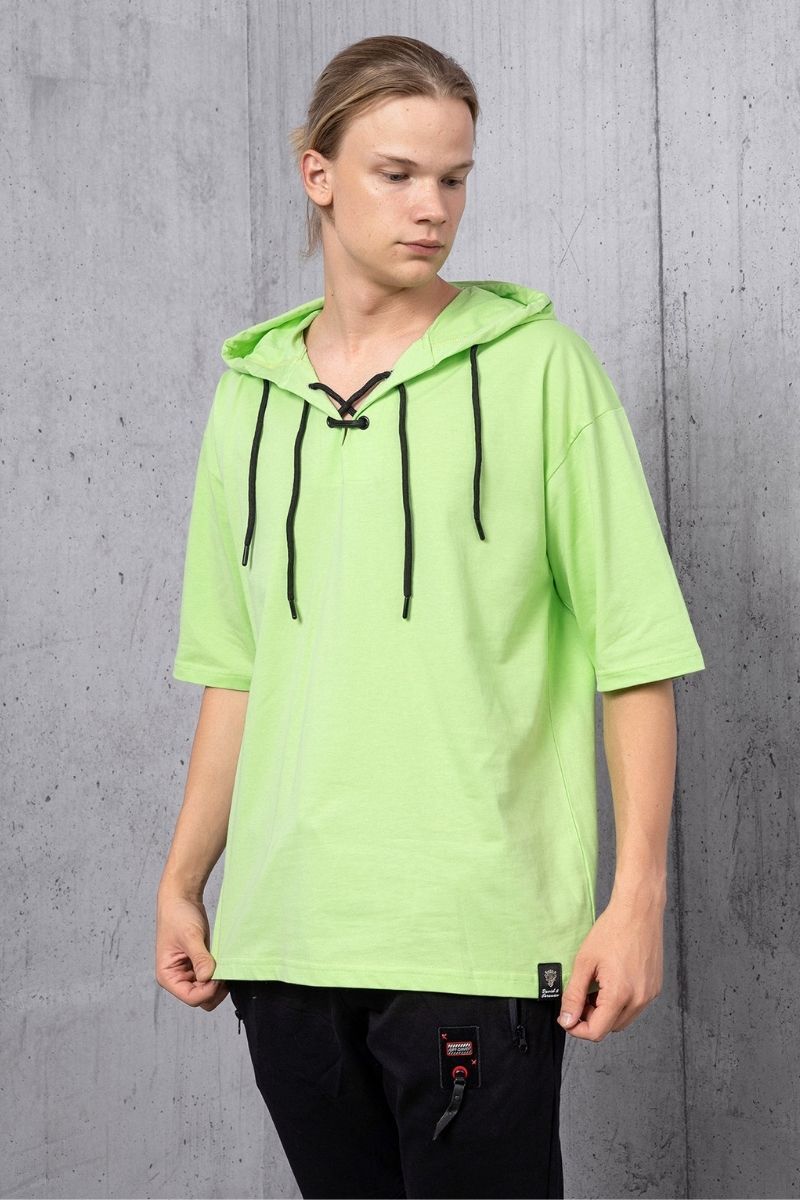 Yeşil Çapraz Bağcık Yaka Detay Kapüşonlu T-shirt - 4