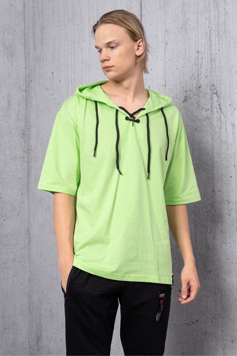 Yeşil Çapraz Bağcık Yaka Detay Kapüşonlu T-shirt - 1