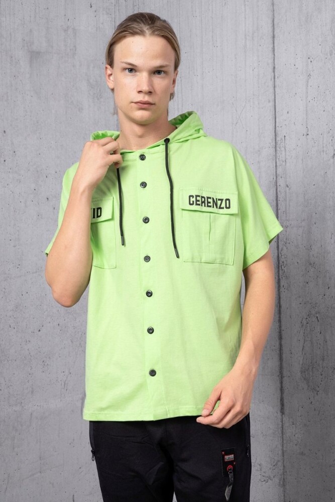 Yeşil Cep Detay Düğmeli Kapüşonlu T-shirt - 4