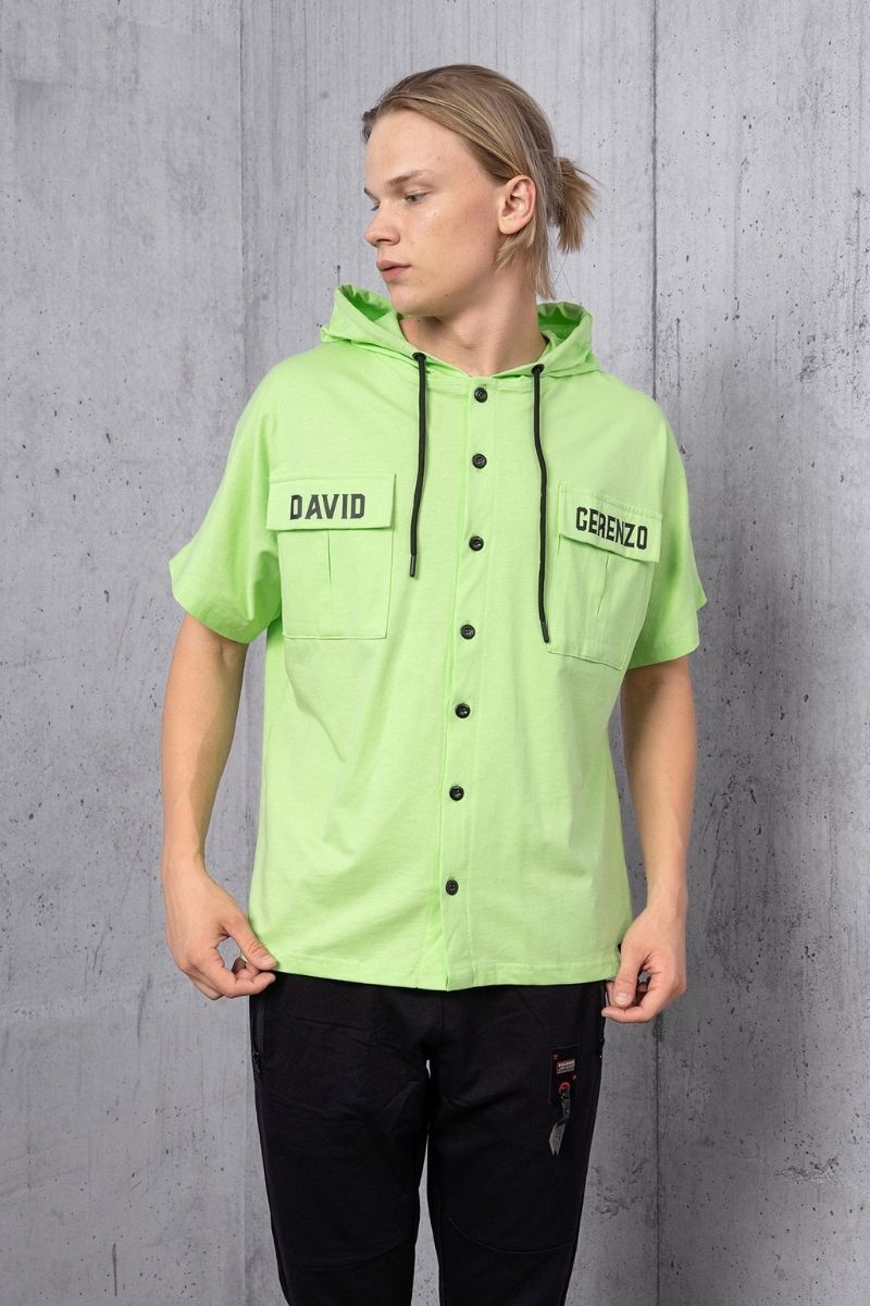 Yeşil Cep Detay Düğmeli Kapüşonlu T-shirt - 1