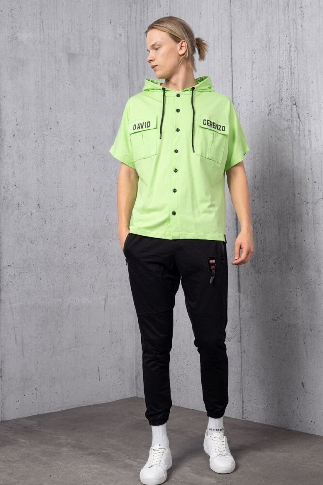 Yeşil Cep Detay Düğmeli Kapüşonlu T-shirt - 3