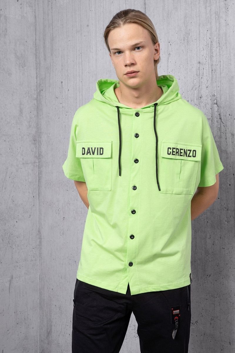 Yeşil Cep Detay Düğmeli Kapüşonlu T-shirt - 2