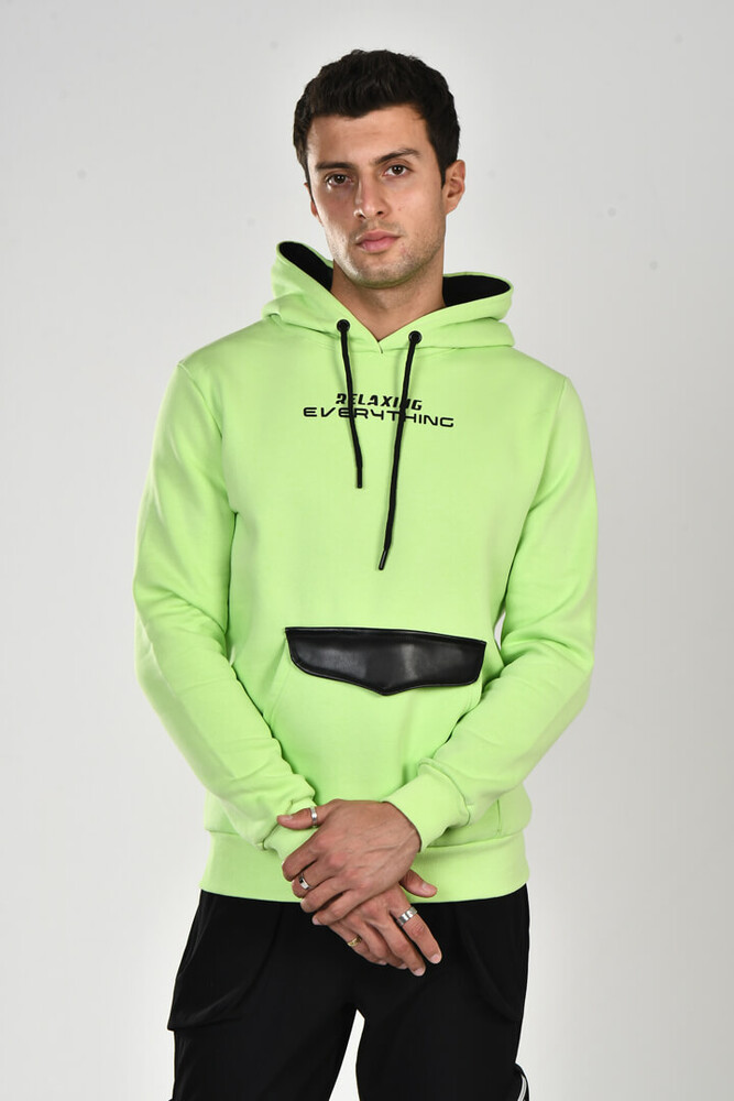 Yeşil Deri Cep Detay Üç İplik Kapüşonlu Sweatshirt 
